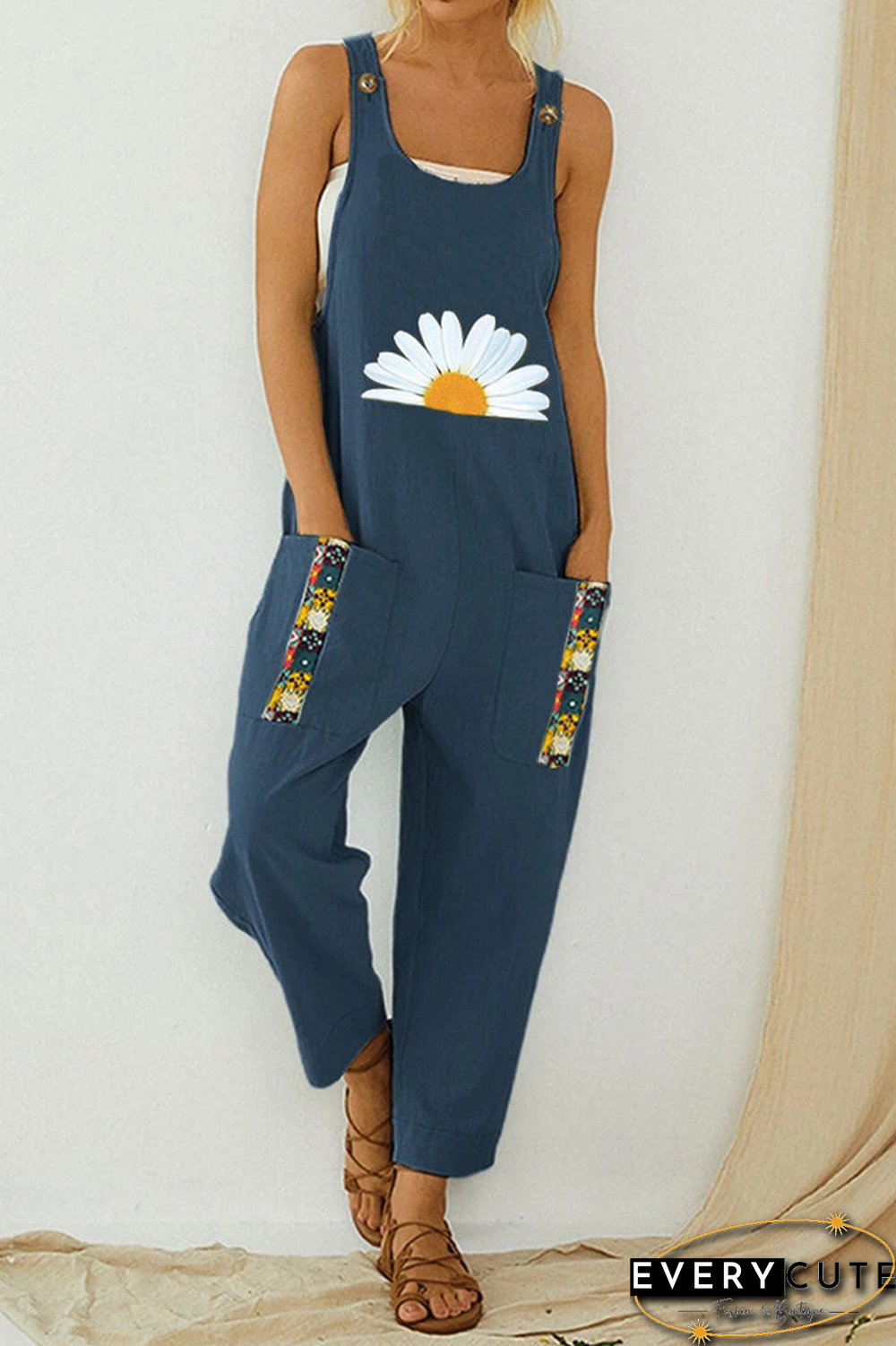 Daisy Print Pockets Patchwork Overall Jumpsuit