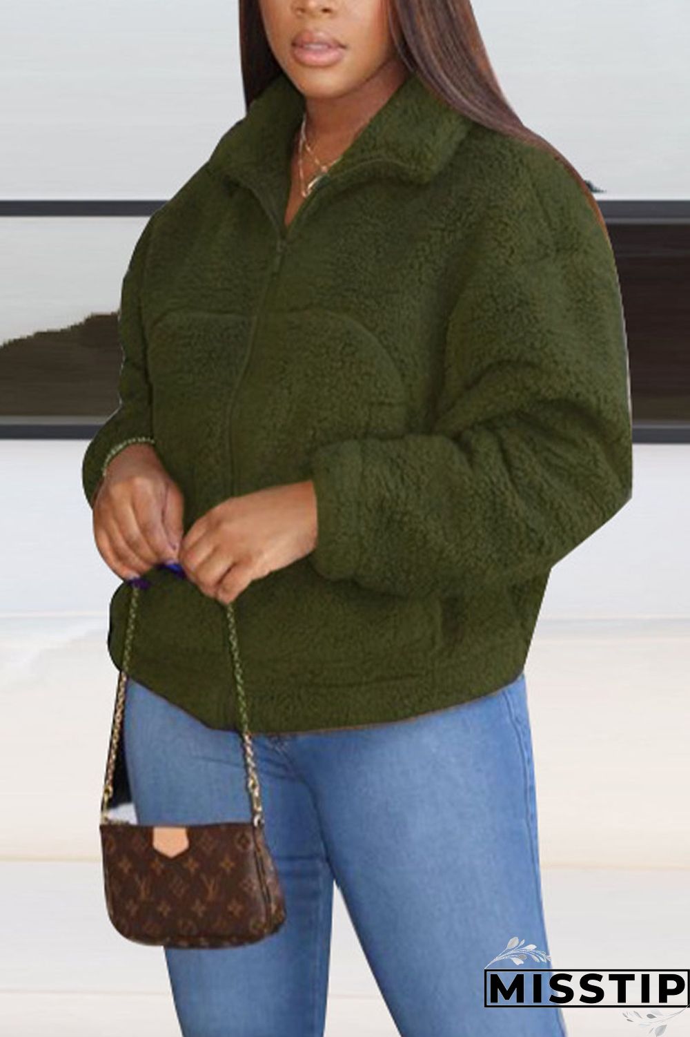 Green Casual Print Turndown Collar Outerwear