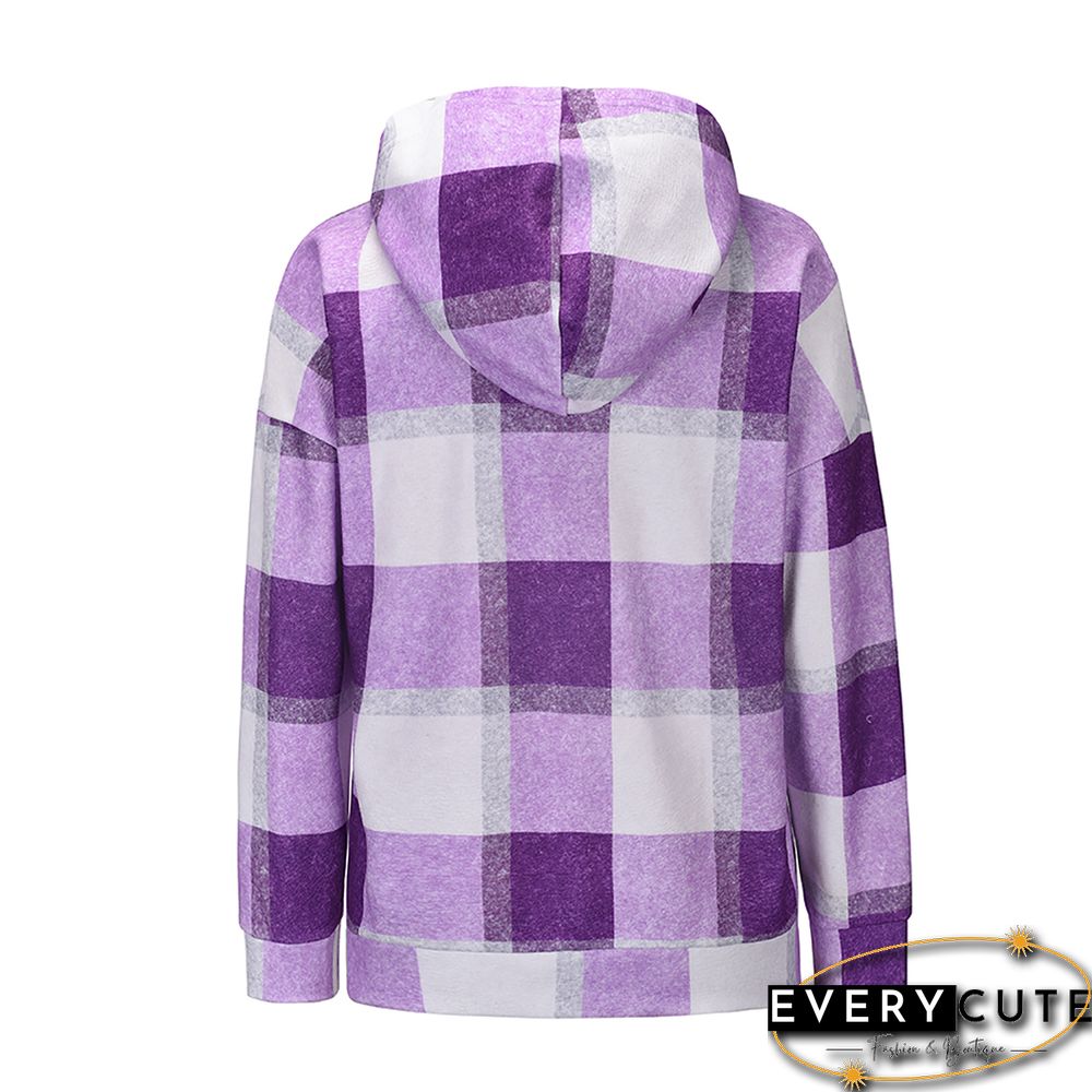 Purple Plaid Print Zipper Hooded Warm Coat