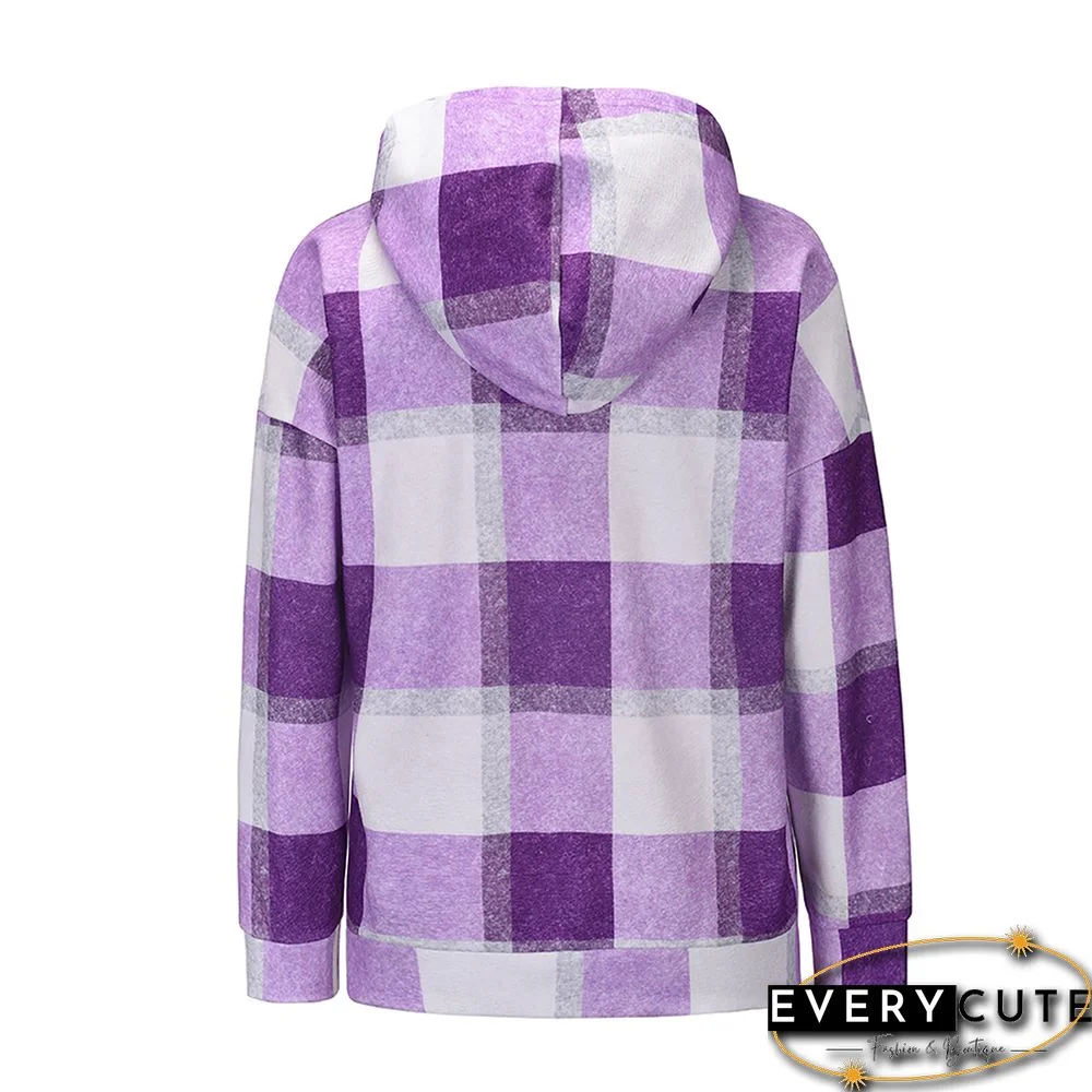 Purple Plaid Print Zipper Hooded Warm Coat
