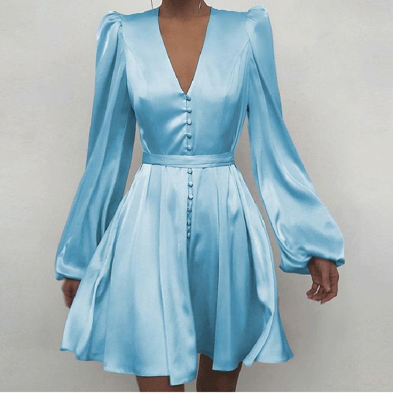 CHURSES Women vintage lantern sleeve mini dress A-line pink blue khaki stain single breasted 2021 new fashion party dress
