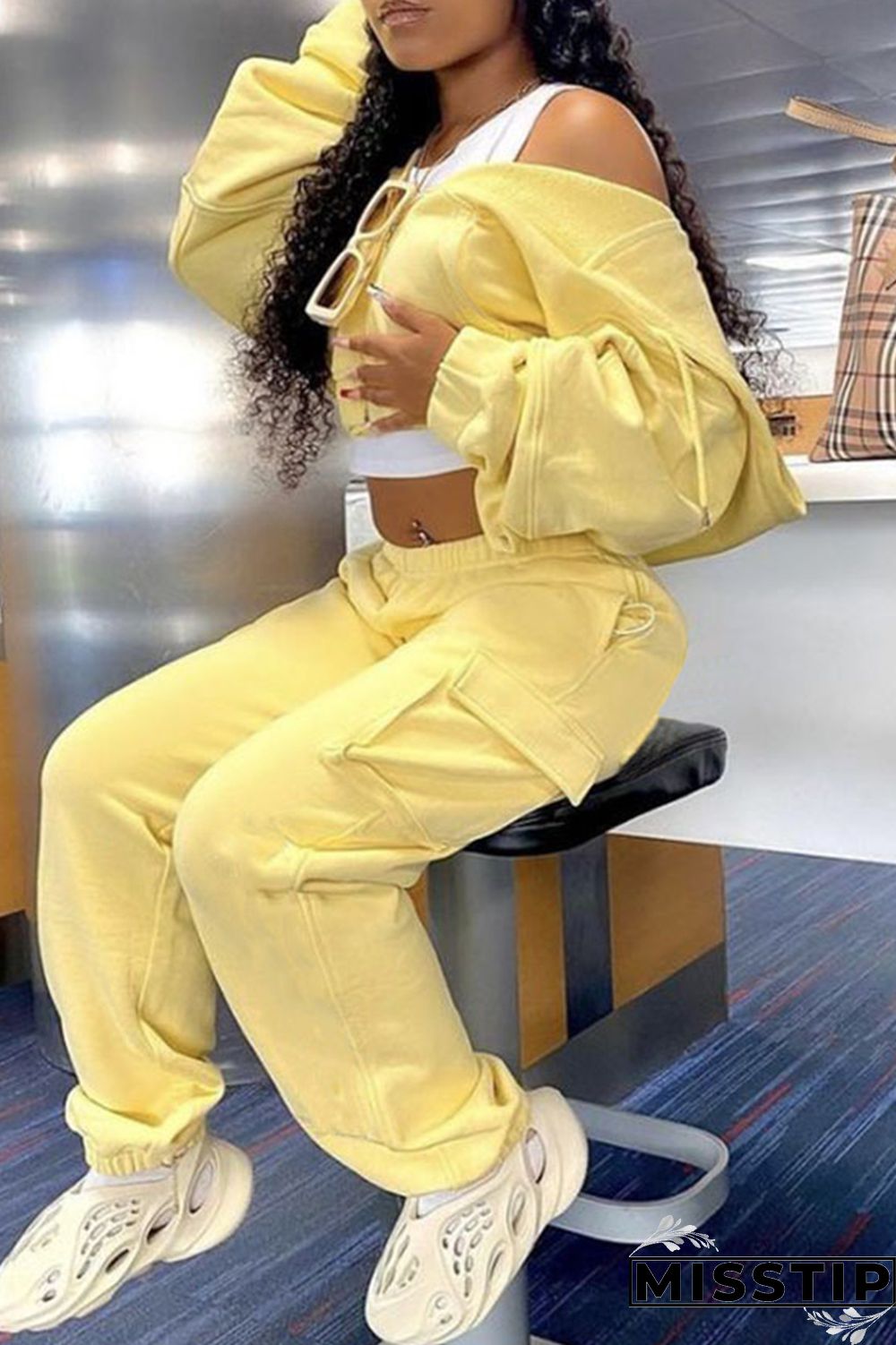 Yellow Fashion Casual Solid Patchwork O Neck Long Sleeve Two Pieces