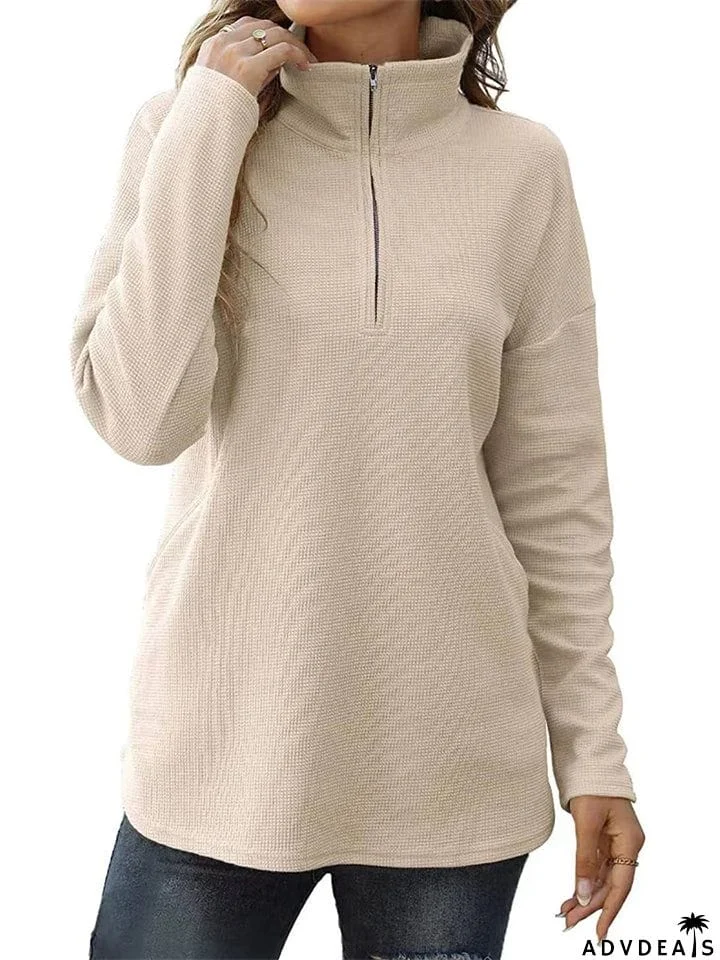 Winter Daily Zipper Long Sleeve Women Tops with Pockets