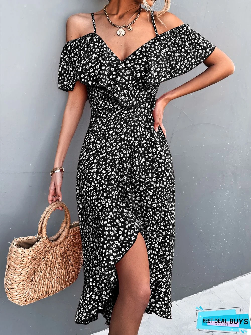 One Shoulder Floral Halter Dress Irregular Dress