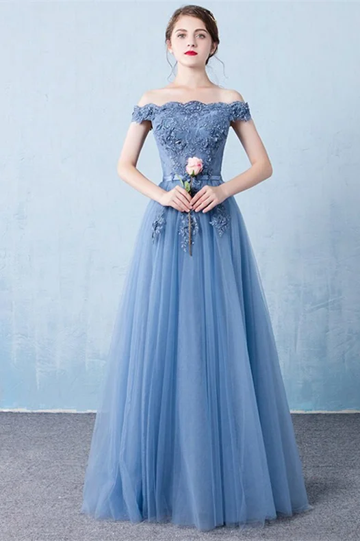 Bellasprom Off-the-Shoulder Dusty Blue Evening Party Gowns Tulle Long With Appliques