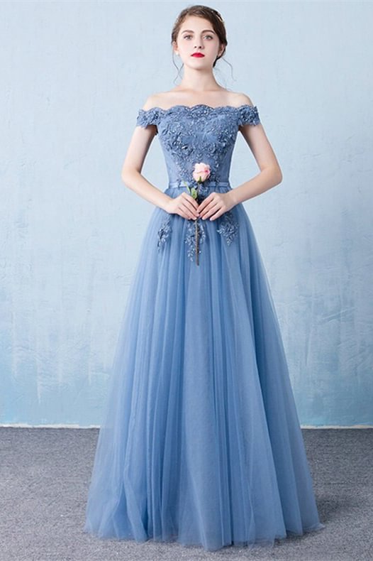 Luluslly Off-the-Shoulder Dusty Blue Evening Dress Tulle Long With Appliques