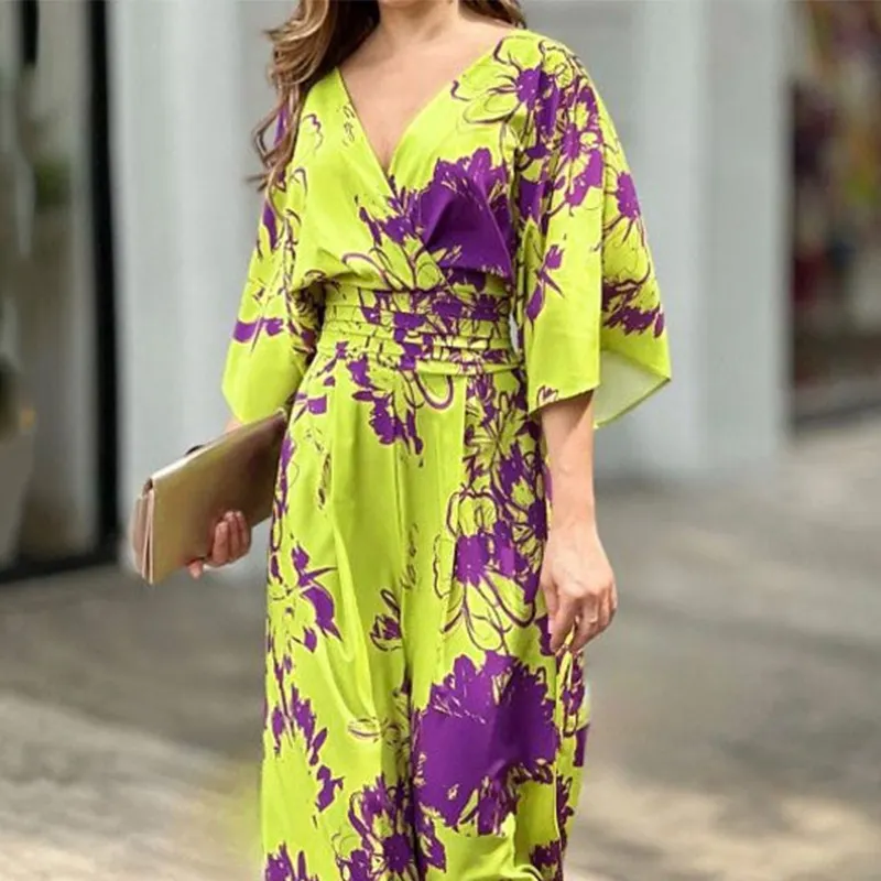 Brownm Brownm 2024 New Women's Ins Fashion Elegant Print Bat Sleeve Waist V Neck Women's Jumpsuit