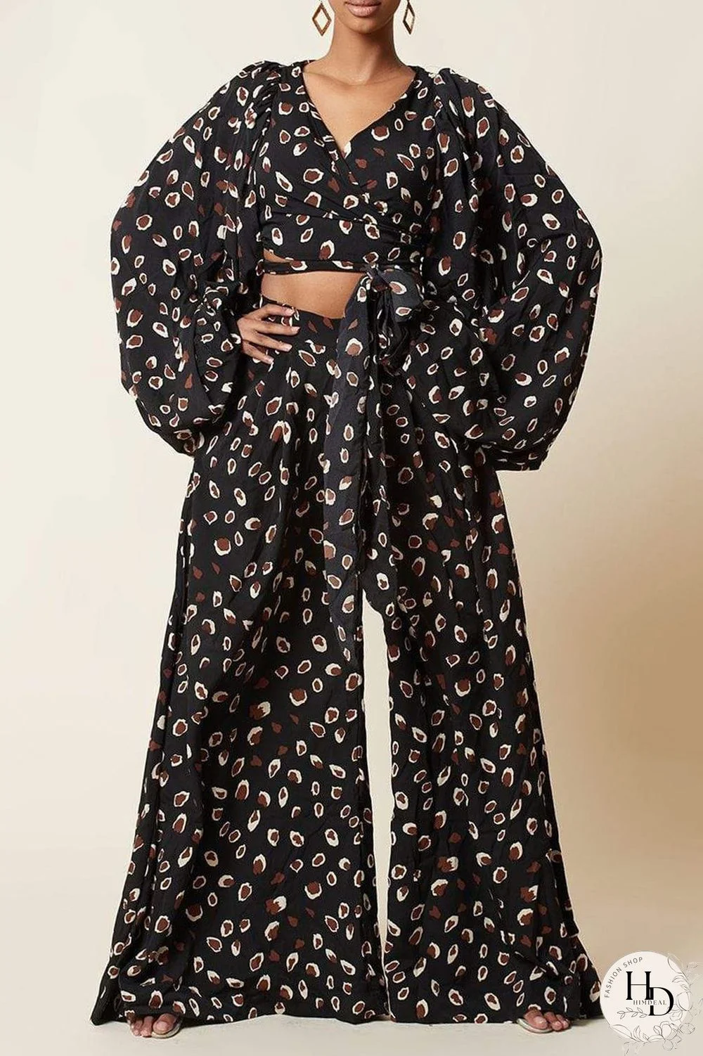 Black Fashion Casual Print Bandage V Neck Long Sleeve Two Pieces