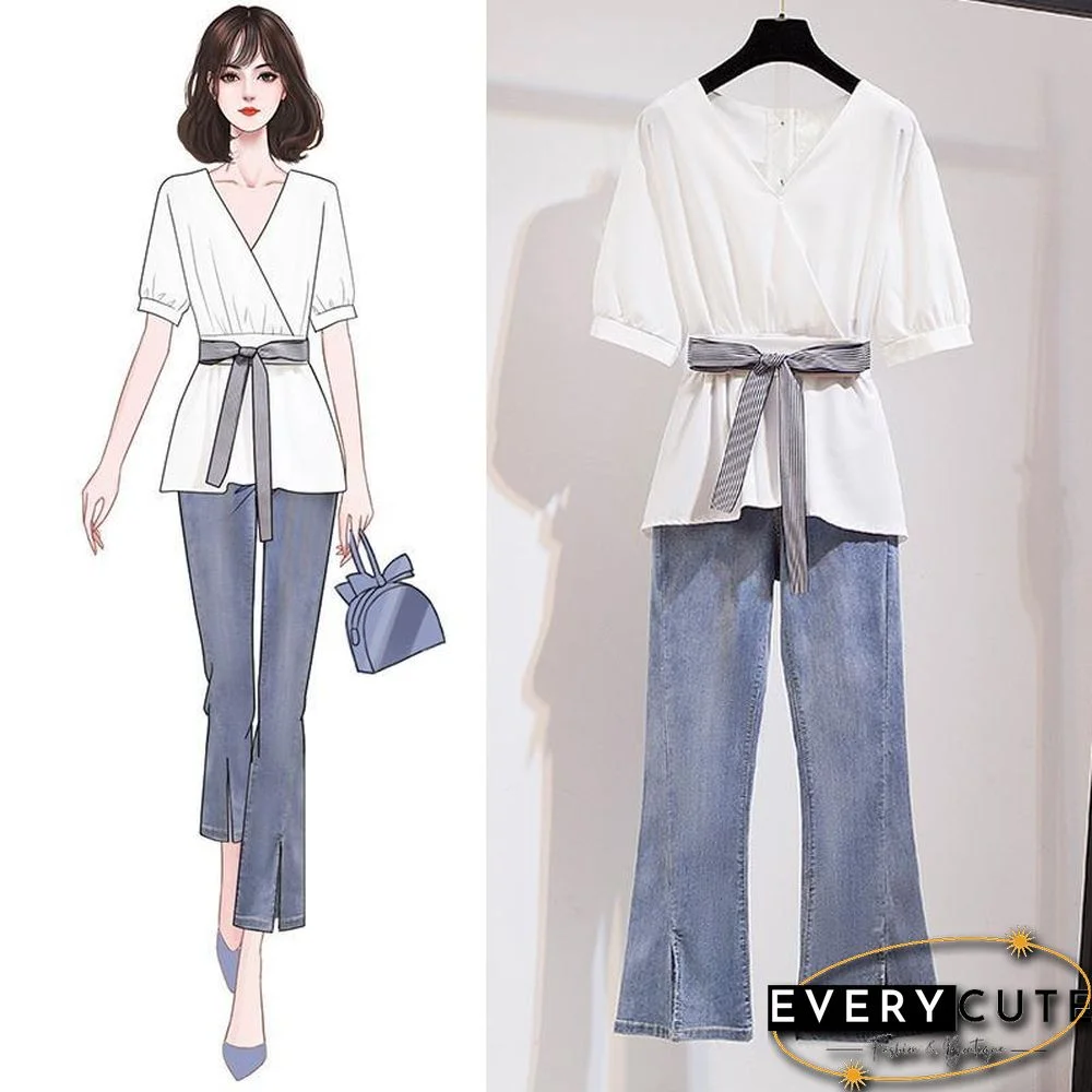 Bowknot V-Collar Tee+Chic Jeans P10354