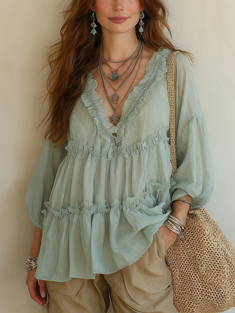 Romantic Ruffle V-Neck Blouse In Soft Sage