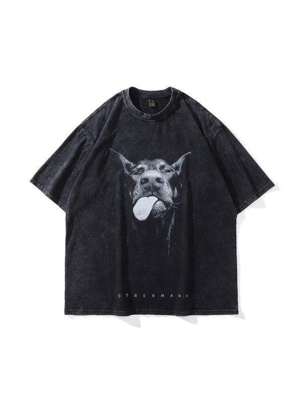 Dobermann Dark Street Vintage Washed Printed Crew Neck Short Sleeve T-shirt