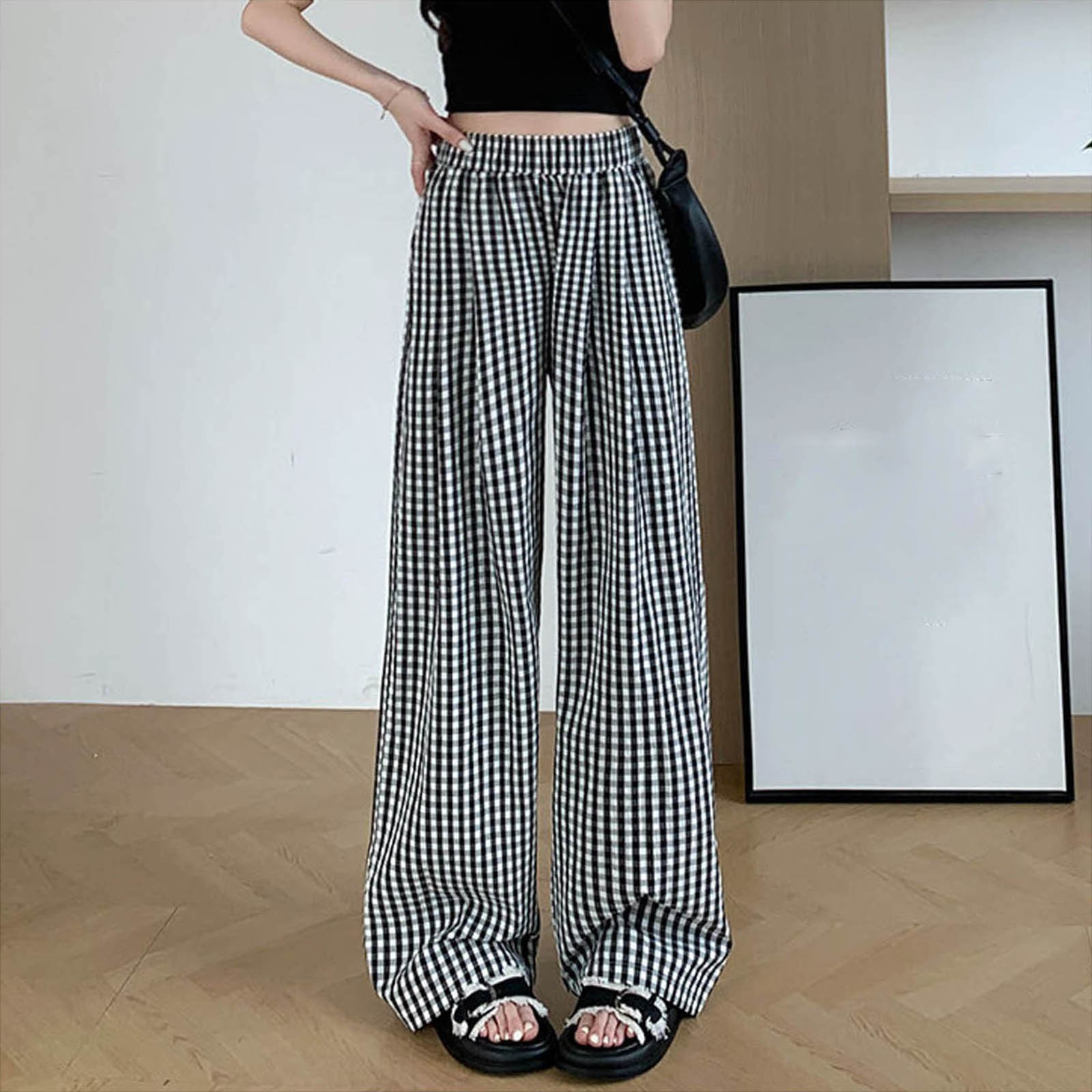 Tomroads Women'S Casual Plaid Long Pants Elastic Waist Loose Comfortable Wide Leg Trousers Ladies Ultra Thin Soft Hiking Pants Pantalones