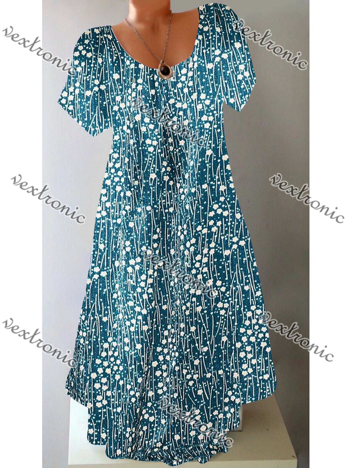 Women's Short Sleeve Scoop Neck Blue Floral Printed Midi Dress