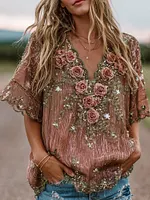 Women's Bohemian Small Floral Sequin Pink V-neck Short Sleeve Top