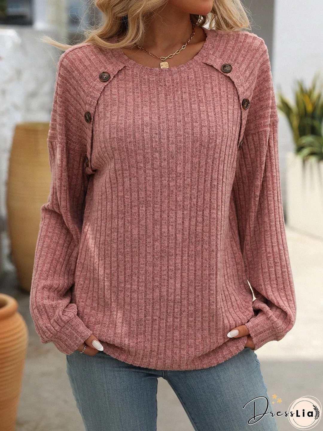 Decor Button Long Sleeve Ribbed T-Shirt