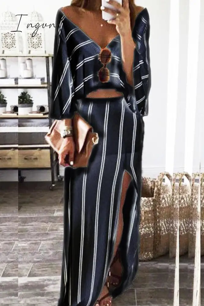 Ingvn - Fashion Striped High Opening V Neck Long Sleeve Two Pieces Tibetan Blue / S