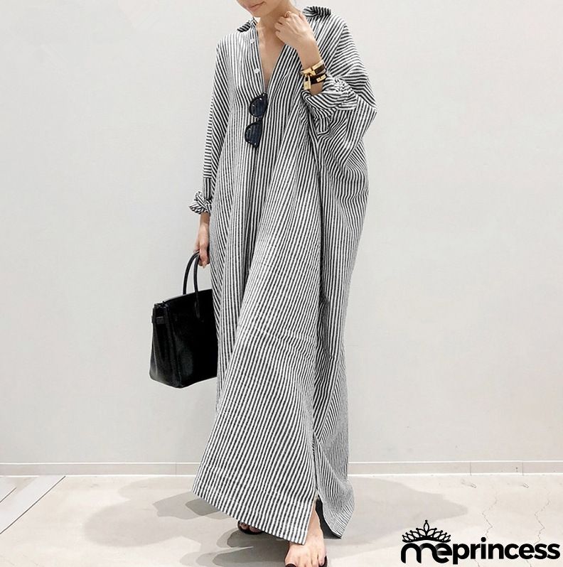 Women's Fashion Loose Stripe Print Large Size Maxi Dress