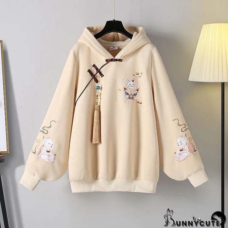 Cute Bunny Print Fringed Two Pieces Vintage Sweatshirt Skirt Set