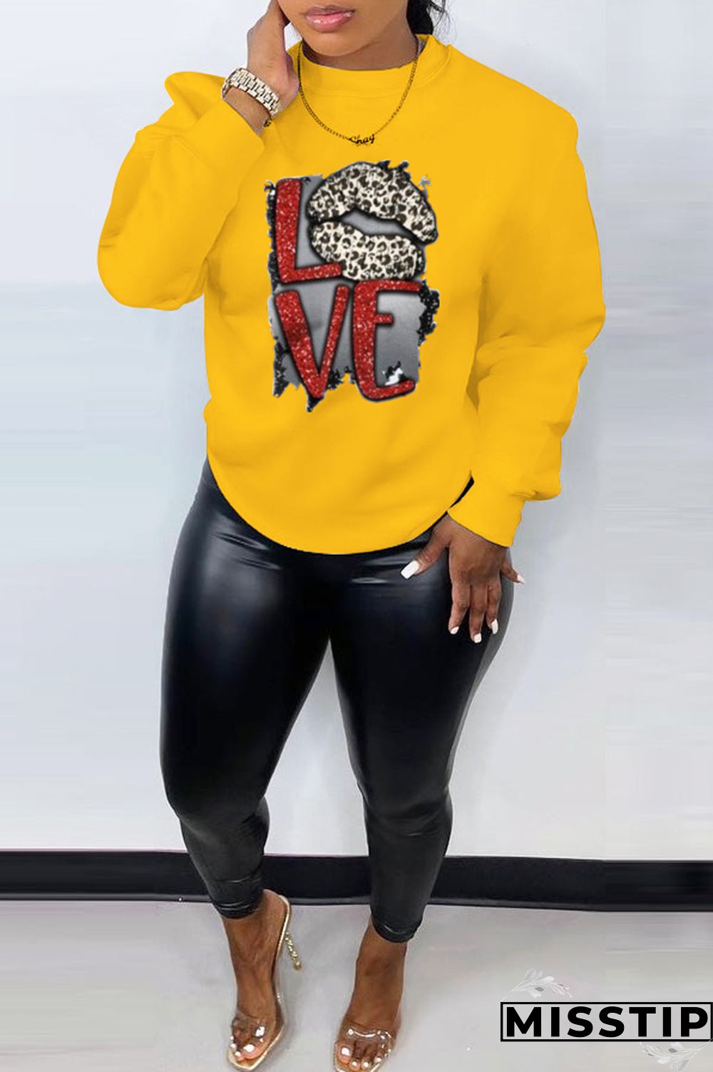 Yellow Casual Print Patchwork Letter O Neck Tops