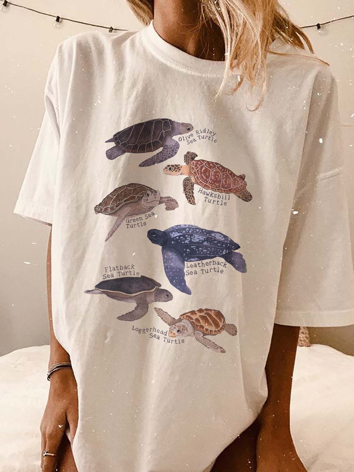 Women's Sea Turtle Marine Life Print Loose T-Shirt / [blueesa] /
