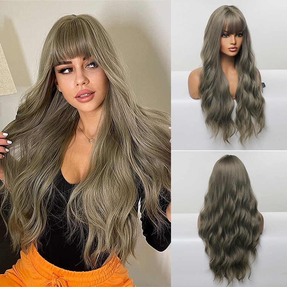 Long Water Wave Synthetic Wigs With Bangs Olive Grey Wigs Natural Heat Resistant Hair Wig for Fashion Women Girls Party Cosplay US Mall Lifes
