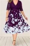 Plus Size Flower Printed Lace Midi Dress
