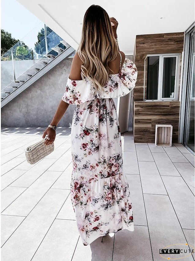 Casual Dress Swing Dress Long Dress Maxi Dress Red flower Apricot flower Short Sleeve Flower Spring Summer Off Shoulder S M L XL 2XL for Women