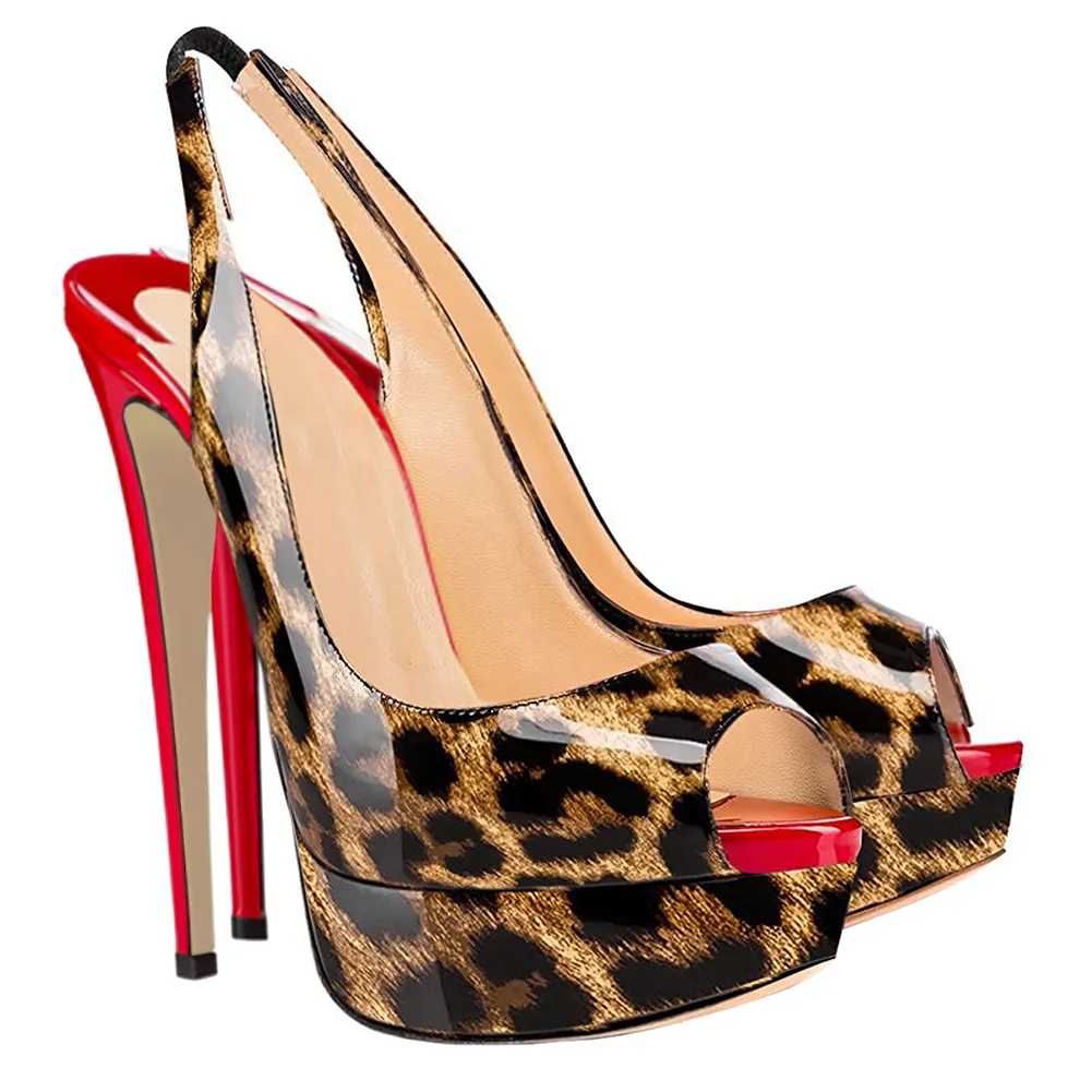 150mm Slingback Sandals Platforms Sky High Party Gradient Color Leopard with Red Heels Pumps-vocosishoes