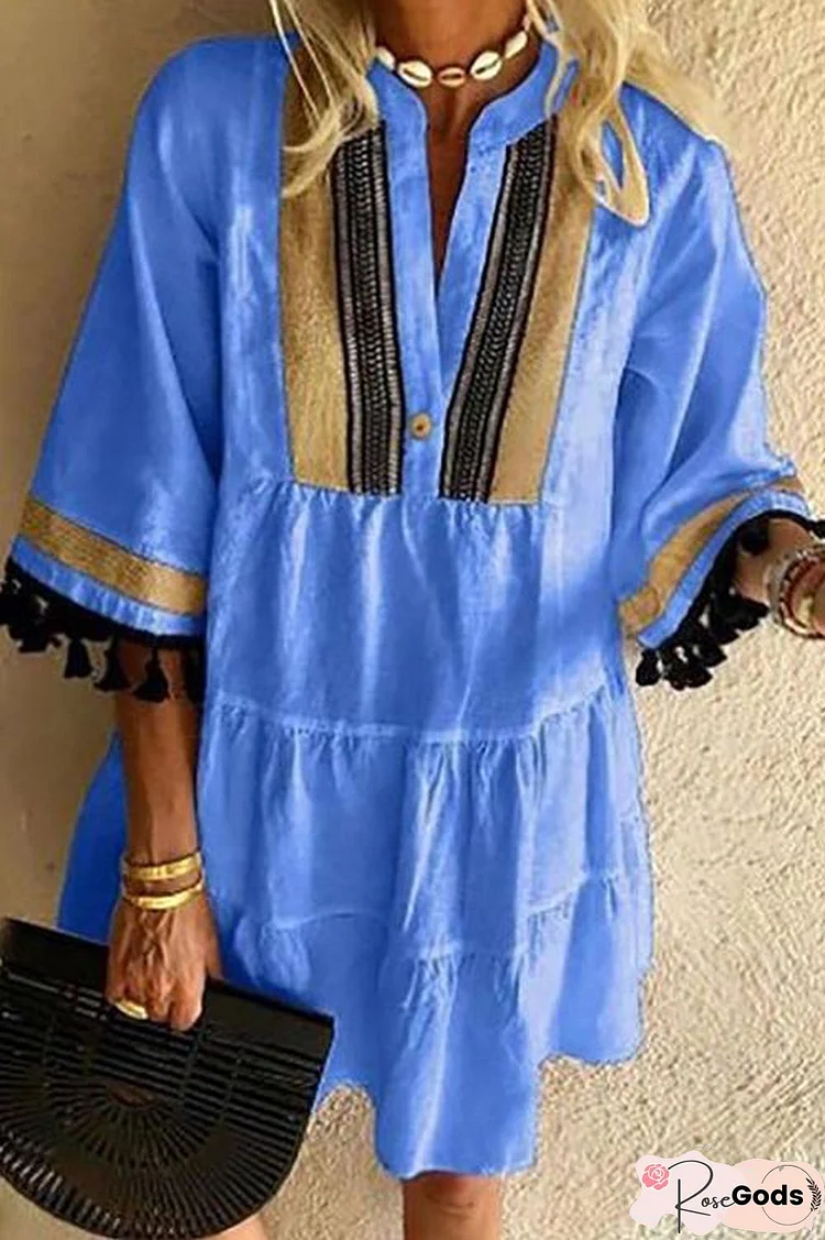 Print Tassels V Neck Mini Dress