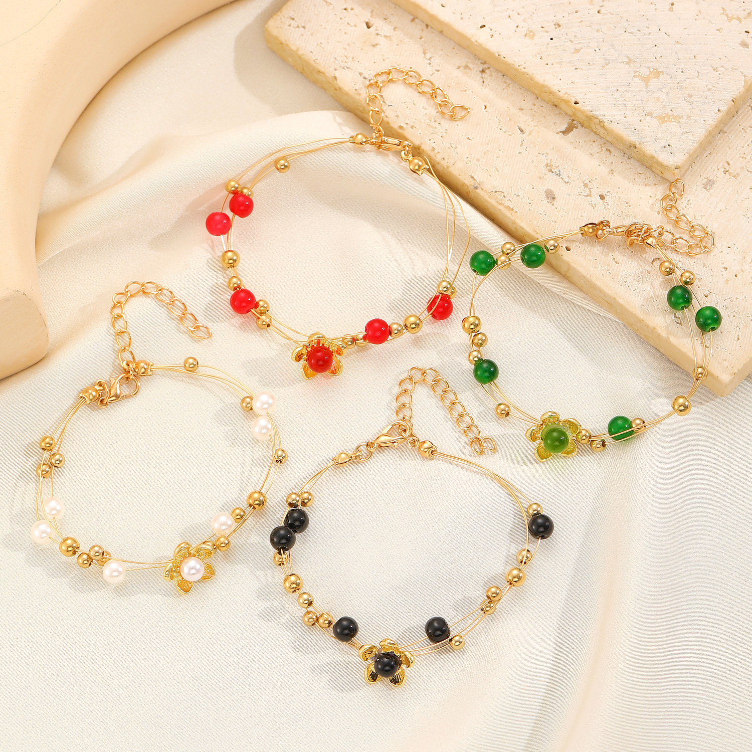 Colorful Pearls Round Beads Gold-Plated Bracelet