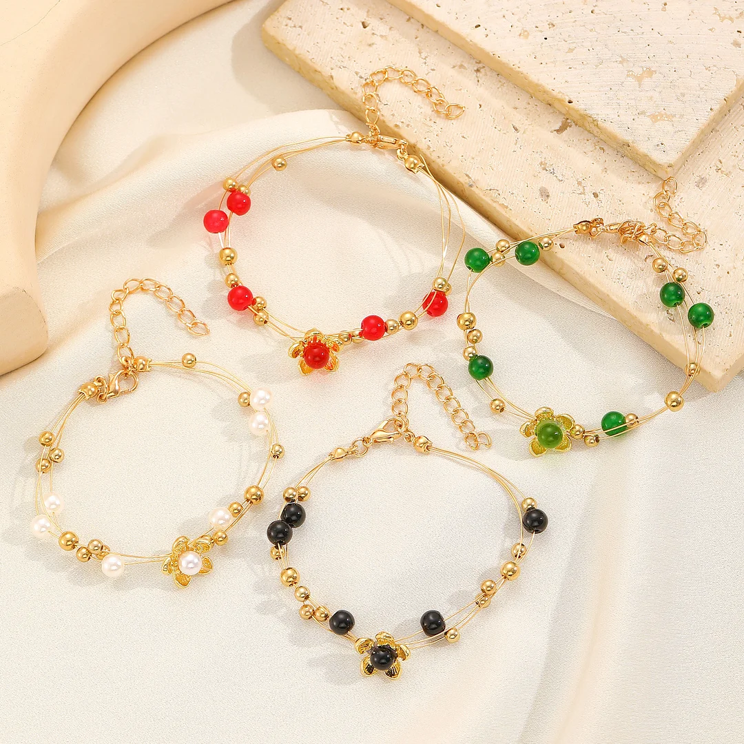Colorful Pearls Round Beads Gold-Plated Bracelet