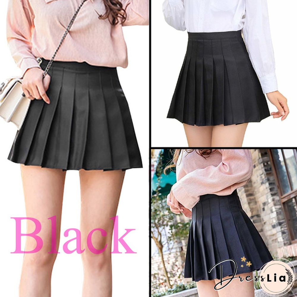 Women Girls High Waisted Plain Pleated Skirt Skater Tennis School Uniforms A-Line Mini Skirt Lining Shorts