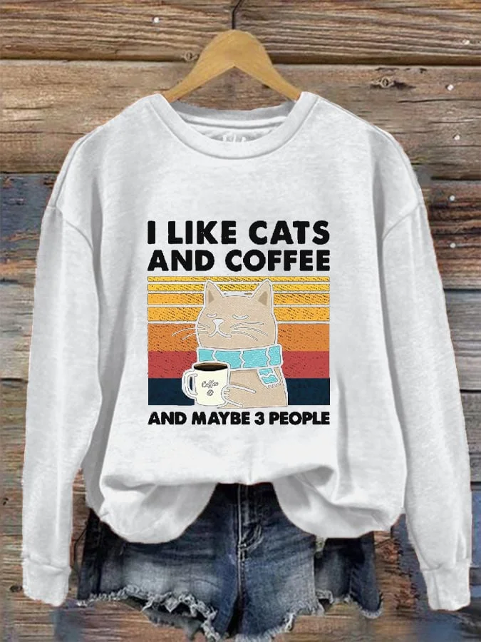 Women's Winter Cat Print Crew Neck Sweatshirt socialshop