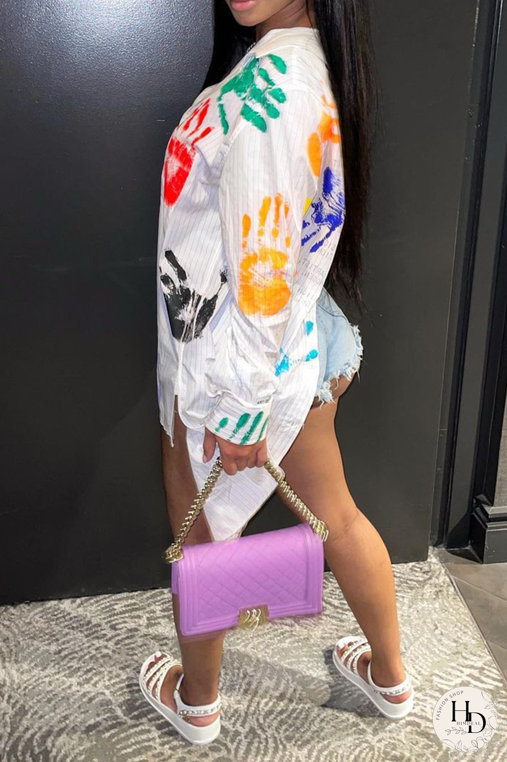 White Casual Print Patchwork Turndown Collar Tops