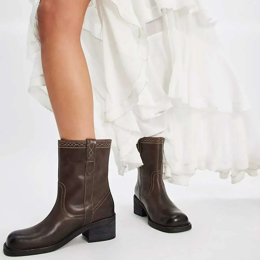 Chocolate Brown Block Heel Square Toe Ankle Boots for Women