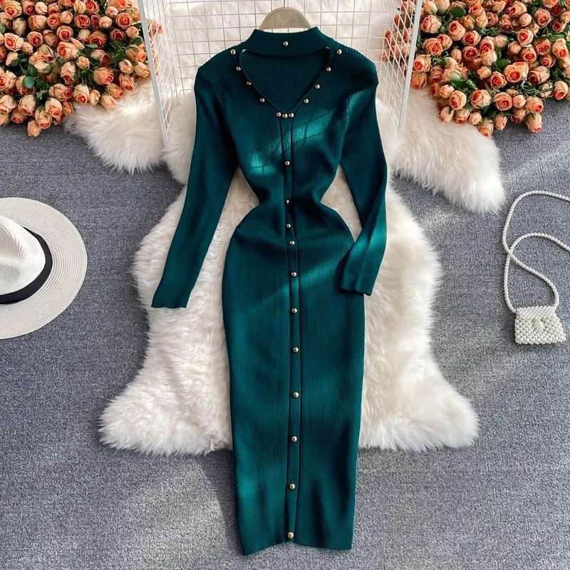 Long Sleeve Halter Neck V-Neck Elastic Knitting Dress Autumn Winter Chic Bodycon Long Dress