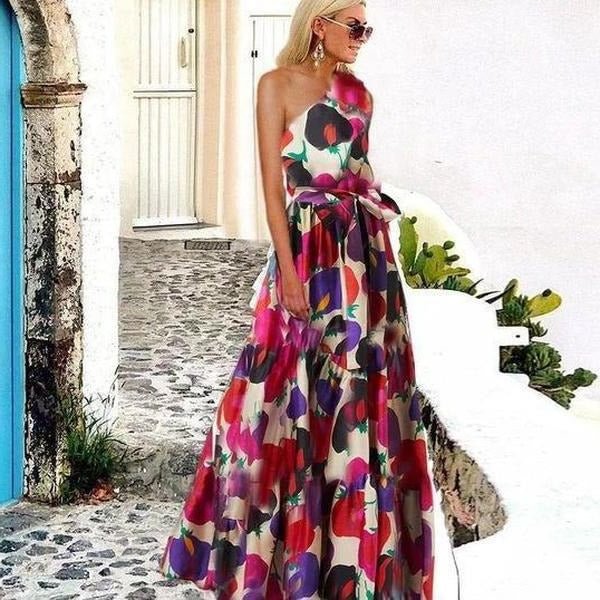 Elegant One Shoulder Sleeveless Printed Maxi Dress | EGEMISS