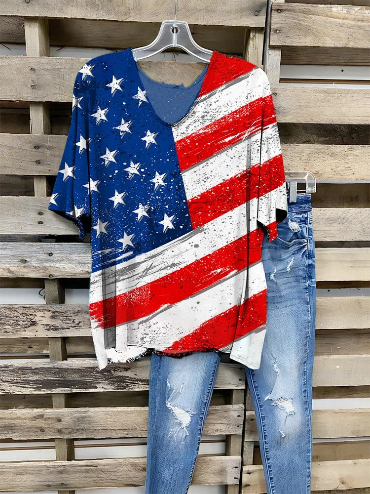 Women's Casual Flag Print V-neck Half-sleeve T-shirt