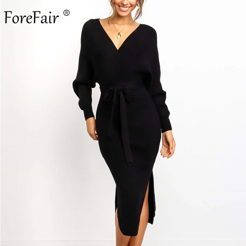 Forefair 2021 Autumn Winter Knitted Long Sleeve Bodycon Dress Ladies Fashion Solid Party Casual Elegant V Neck Midi Dresses