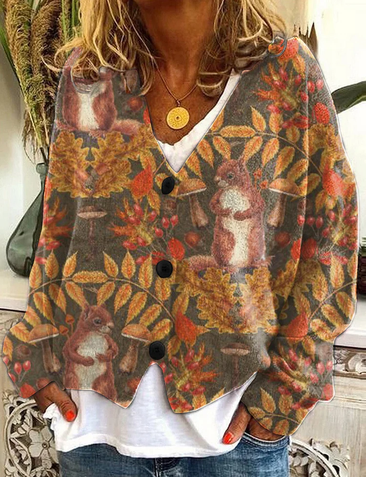 Autumn Squirrel Print Casual Cardigan