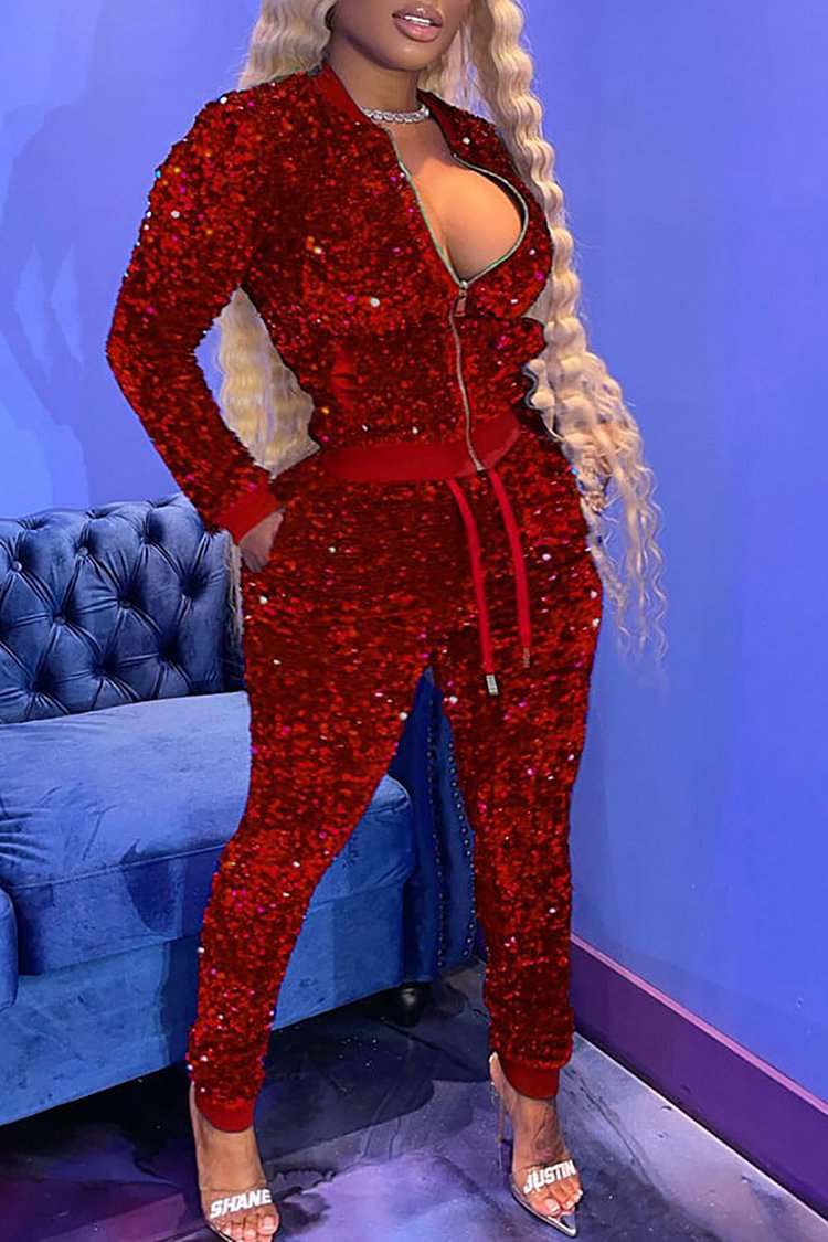 Xpluswear Plus Size Party Red Sequin Two Piece Glitter Zipper Jacket With Pockets Pant Sets 