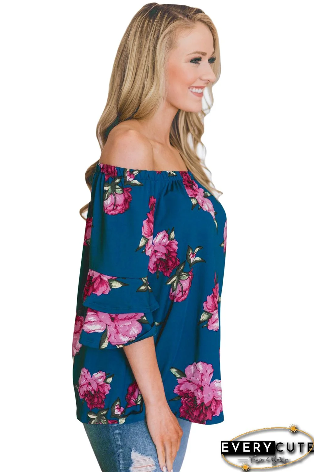 Sky Blue Bring on The Floral Off The Shoulder Top
