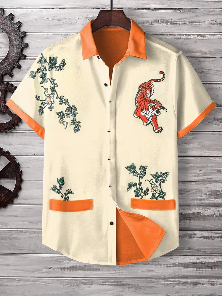 Men's Chinese Art Plants Tiger Pattern Print Shirt
