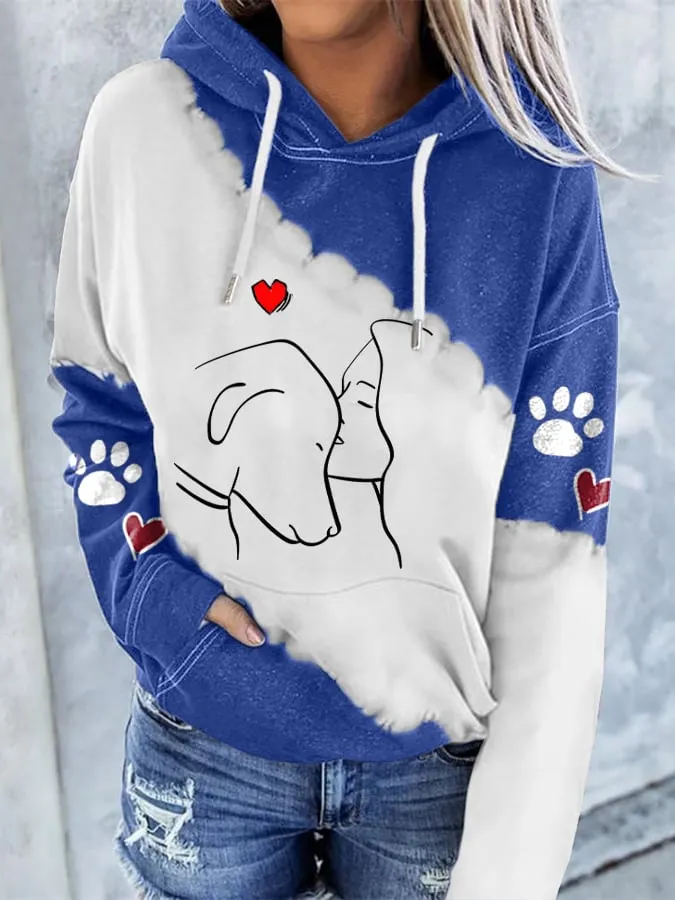 Women's Casual Colorblock Dog Paw Printed Hooded Long-Sleeve Sweatshirt
