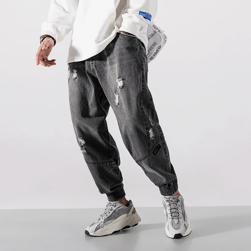 Aonga Japanese Vintage Fashion Men Jeans Loose Fit Spliced Ripped Denim Cargo Pants Hombre Harem Trousers Streetwear Hip Hop Jeans Men