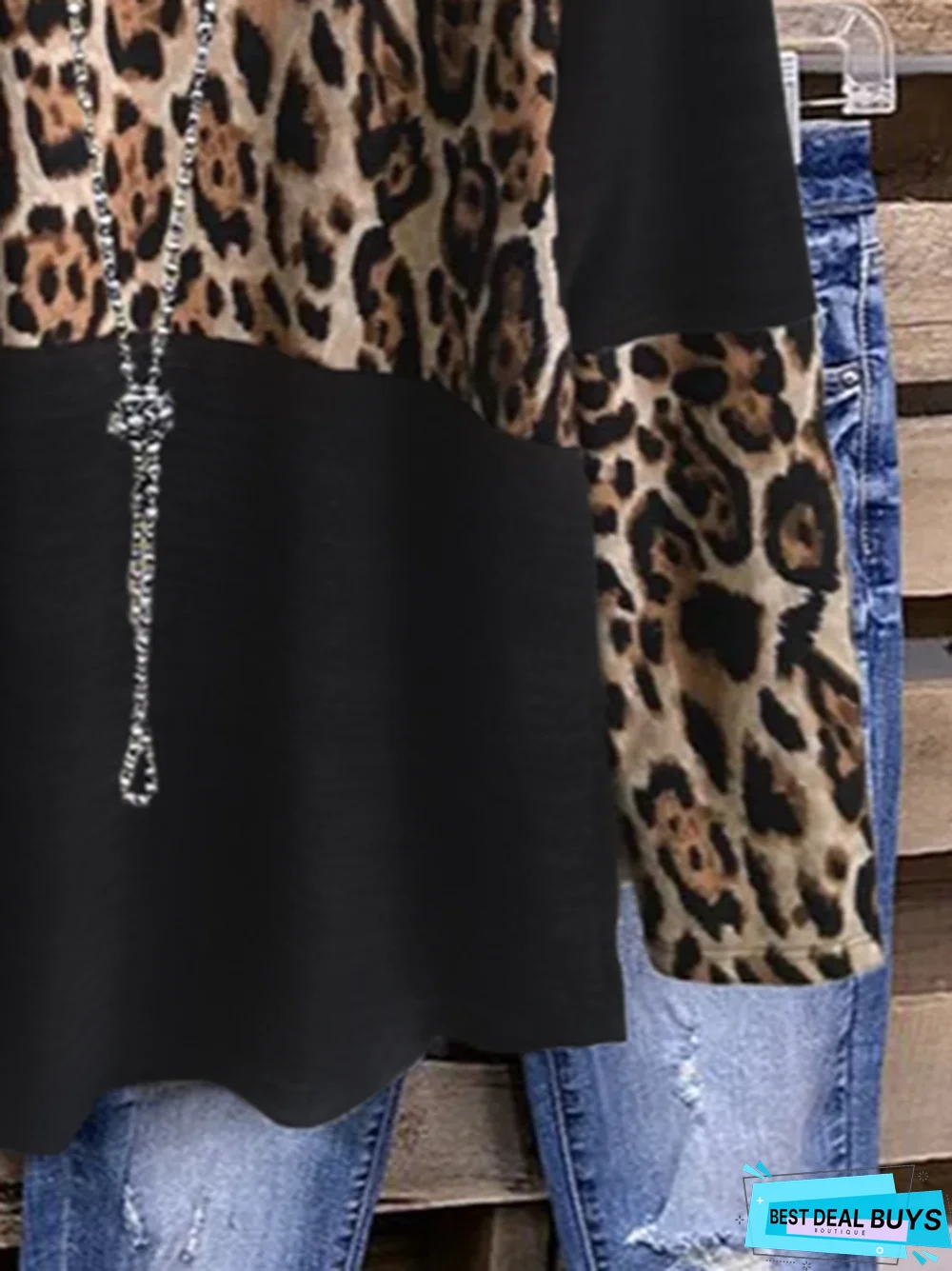 Black Cotton-Blend Casual Crew Neck Leopard Top