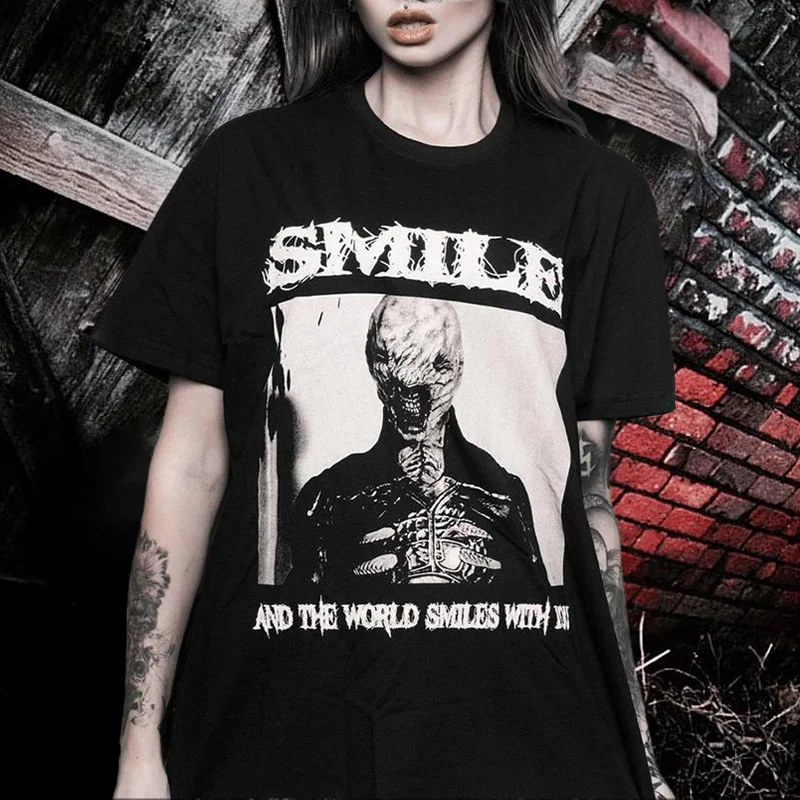 Smile And The World Smiles With You Skull Printed Women's T-shirt -  