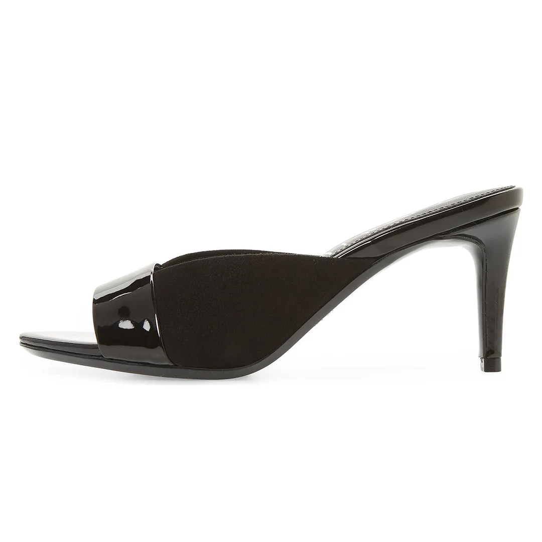 Black Patent Leather Wide Band Mules with Stiletto Heels for Ladies