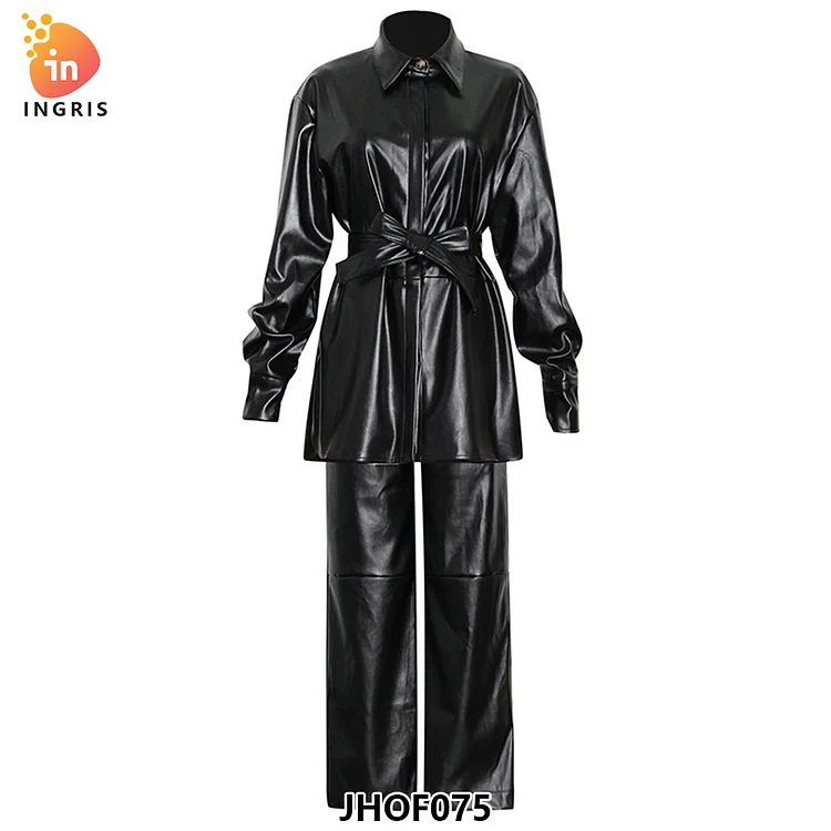 Winter Genuine Leather Women's Suits Coat with Belt High Waist Straight Pants Windbreaker Casual Women's Two-piece Suit-JHOF075