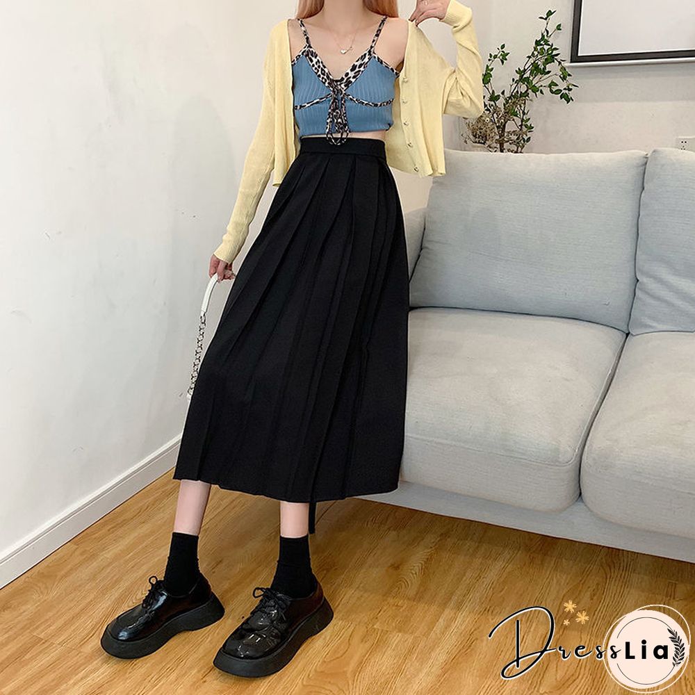 Vintage Pleated Midi Skirt Fashion High Waist Gothic Skirt Women Spring Casual Korean A-line Elastic Solid All-match Skirt New